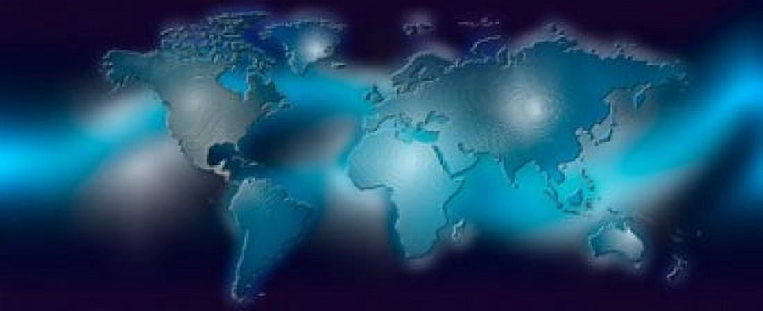 Flat world map on blue background Canvas Art - Panoramic Images (15 x 6)