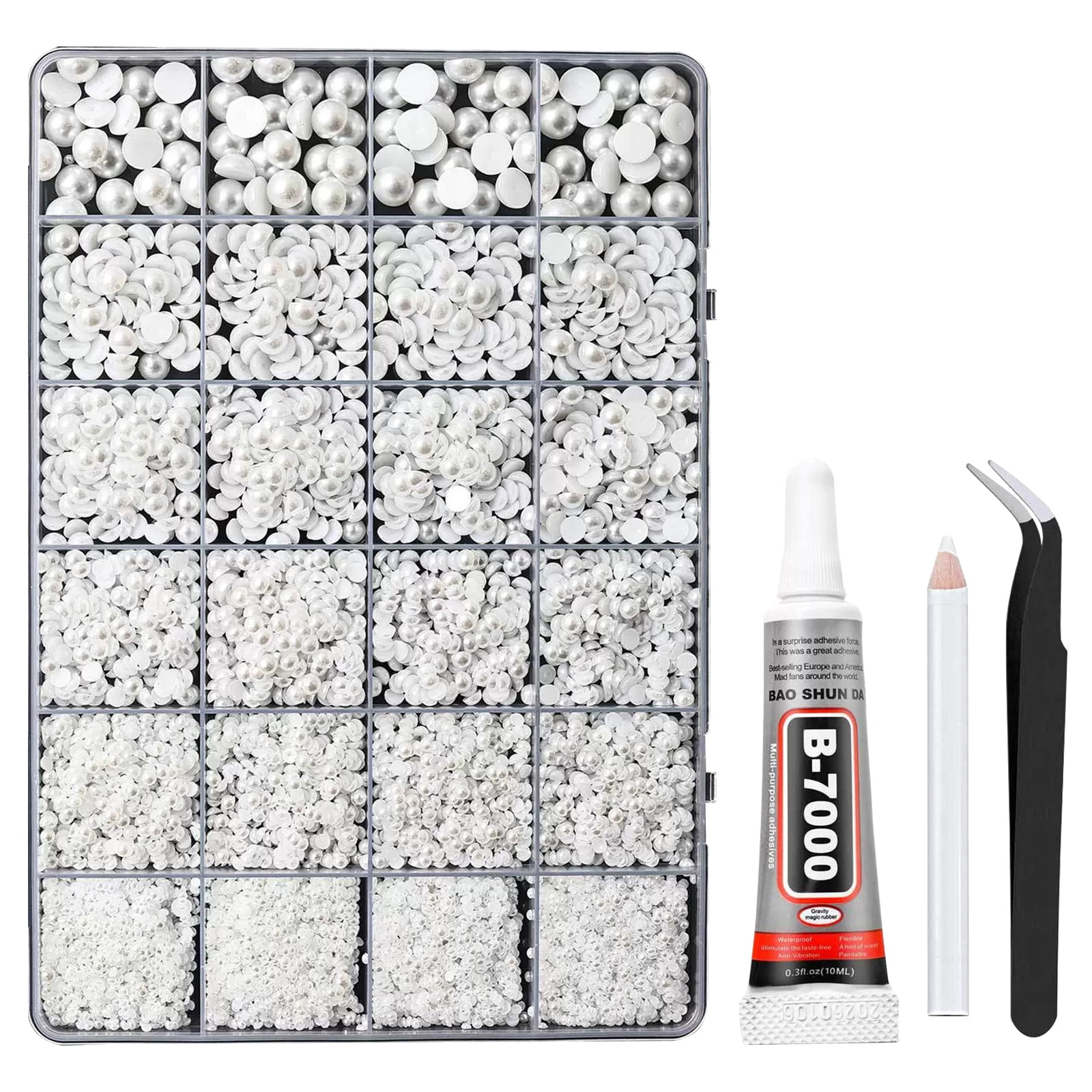 Flatback White Pearl Gemstones Kit, Handmade 2/3/4/5/6/8/10mm Half Pearls with 10ml Jewelry Glue, Shiny DIY Craft Kit for Shoes, Clothing,Graduation Caps,Phone Cases,Scrapbooks,Nail Art,Accessories