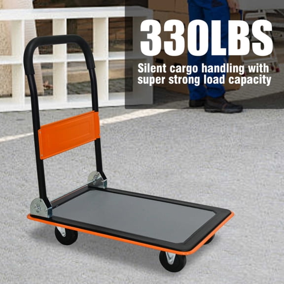 Flatbed Cart, 330lbs Heavy Duty Capacity Platform Hand Truck 360 Degree Swivel Wheels Foldable Push Hand Cart for Loading and Storage, Warehouse-Orange