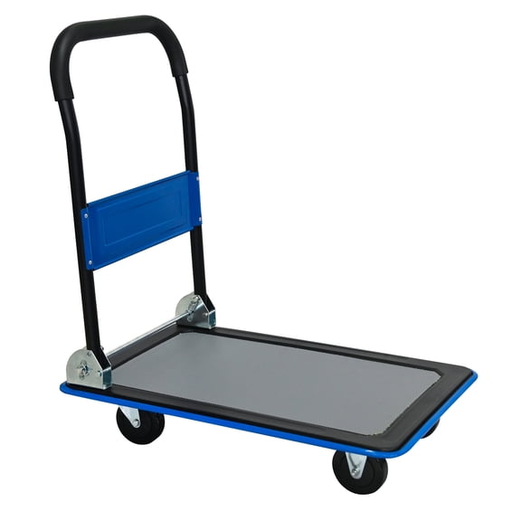 Flatbed Cart, 330lbs Heavy Duty Capacity Platform Hand Truck 360 Degree Swivel Wheels Foldable Push Hand Cart for Loading and Storage, Warehouse-Blue
