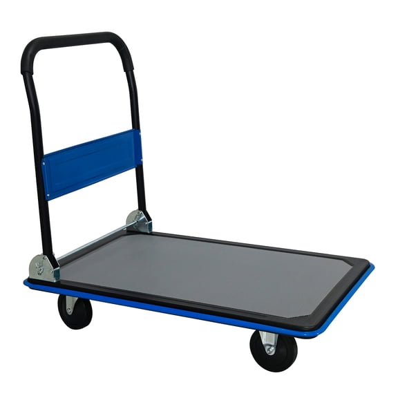 Flatbed Cart, 660lbs Heavy Duty Capacity Platform Hand Truck 360 Degree Swivel Wheels Foldable Push Hand Cart for Loading and Storage, Warehouse-Blue