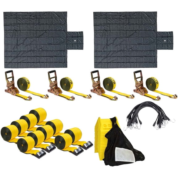 Flatbed Tarp Cargo Tie Down Kit - 2 Pack 24' x 27' Lumber Tarps with 8' Drop, 10 Pack 4" x 20' Winch Straps, 4 Pack 2" x 27' Ratchet Straps, 50 Pcs Bungee Cords & 20 Pcs Edge Protector