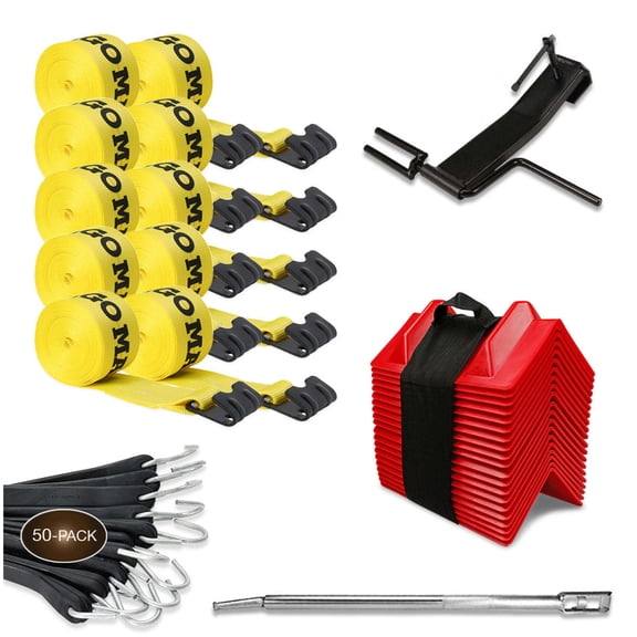 """Flatbed Tie-Down Kit - 82 Pieces: 4 Inch Flatbed Winch Straps, 21 Inch Tarp Straps, VeeBoard 2Go Corner Protector Pack, Combination Winch Bar, and Winch Strap Winder"""