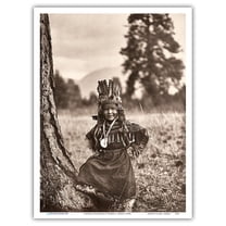 Flathead Childhood - Salish Native Boy - North American Indians - Vintage B&W Historical Photograph by Edward S. Curtis c.1910s - Master Art Print (Unframed) 9in x 12in