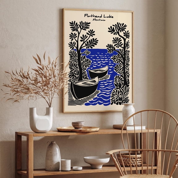 Flathead Lake Montana Vintage Canoe Landscape Art Poster, Unframed Paper Poster 11x14in