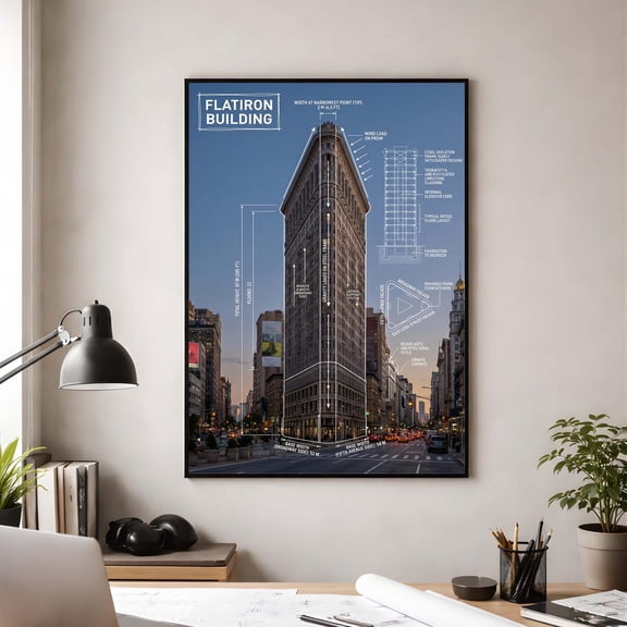 Flatiron Building BlueNYC Skyscraper Technical Drawing Structural Engineer Architect Office Art, Unframed Poster