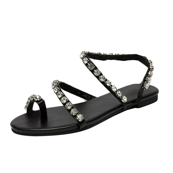 Flats Sandals for Womens Dressy Summer Gladiator Bohemian Beaded Rhinestone Flat Sandals Beach Shoes Open Toe Ring On Sandal
