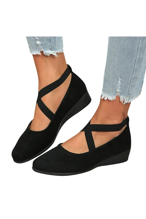 Flats Shoes Women Dressy Comfortable Women's Solid Color Wedges Shoes Comfortable Casual Shoes Women's Fashion Elastic Ankle Straps Flats Shoes Women's Mary Jane Flats Office Slip-on Shoes