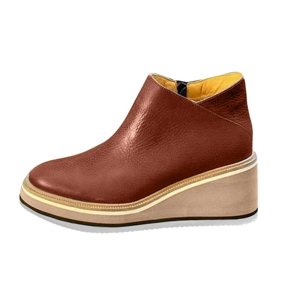 Flats Shoes for Women Zipper Casual Leather Thick Sole Slope Heels Women's Shoes with High Hidden Heel Fashionable Comfortable Shoes Wedge Edge Zipper Slope Angle Shoes Shallow Shoes