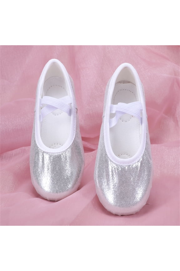 Flats Shoes for Girls Glitter Satin Ballet Dance Shoes Soft Sole Flexible Cat Performance Sneakers For Toddlers Kids,Silver,CN:27(US:10M),4-4.5 Years