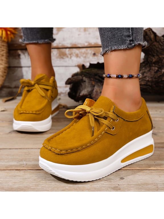 Flats for Women, Slip On Shoes Women, Wide Toe Box Shoes Women, Platform Wedge Sneakers for Women, Women's Fashion Lace-Up Sneakers Round Toe Comfort Suede Wide Loafers Moccasins, Yellow US-8/EU-41