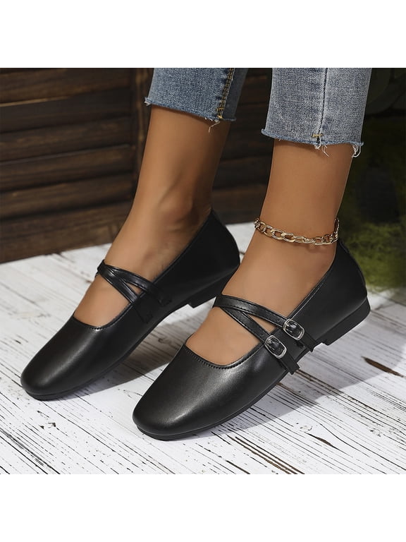 Flats for Women Comfortable Double Strap Mary Janes Square Toe Ballet Shoes for Women Dressy Buckle Lightweight Walking Casual Work Flat Shoes