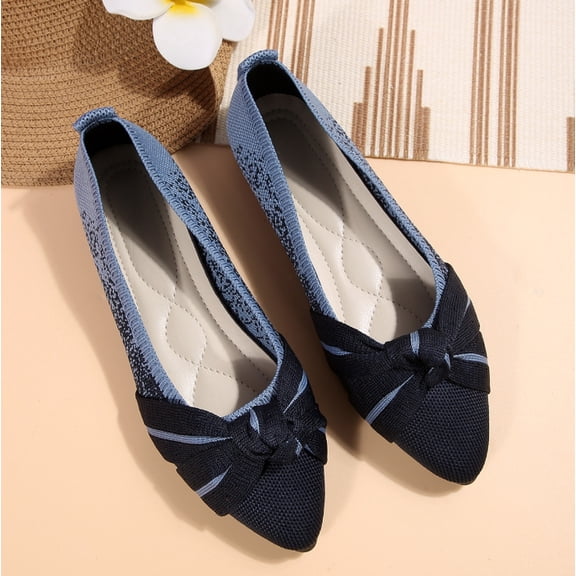 Flats for Womens Pointed Toe Ballet Flats with Bow Comfortable Knit Dressy Flats