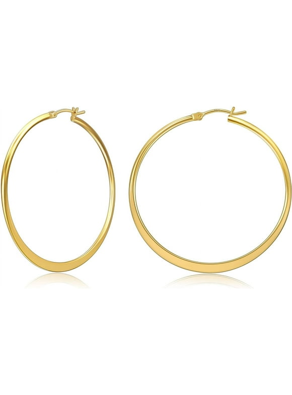 Flattened Gold Hoop Earrings for Women, 14K Gold Plated Hoops ,Hypoallergenic Lightweight Earring