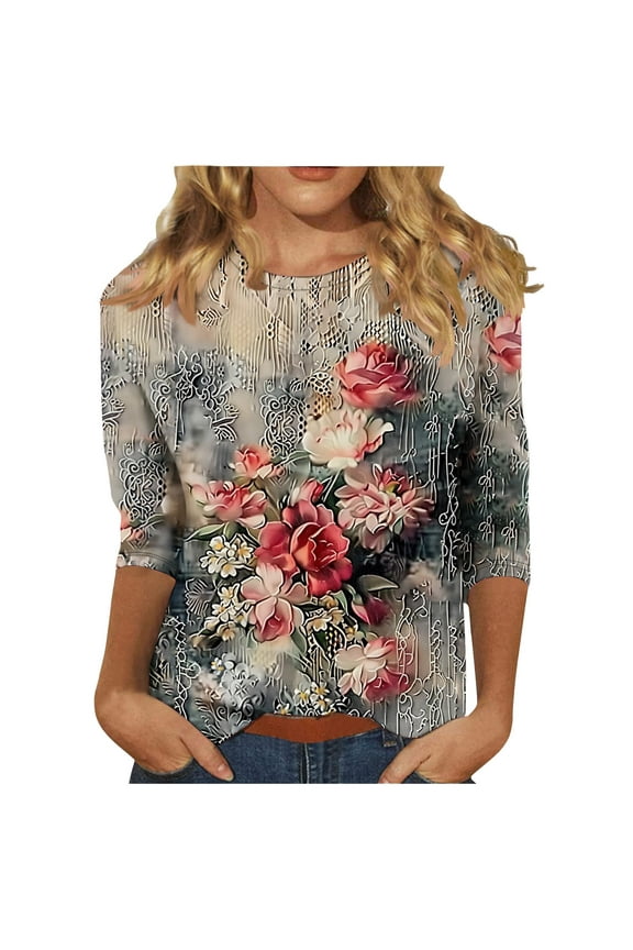 Boho Tops for Women Fall Tops 2025 Trendy Boho Floral 3/4 Sleeve Shirts V Neck Cotton Blouses Business Casual Peplum