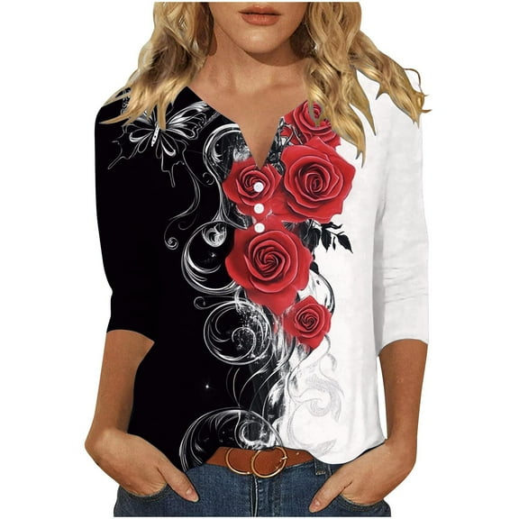 Boho Tops for Women Cute Tops Fall Flowy Graphic 3/4 Sleeve Shirts Plus Size Black Blouses Plus Size Funeral