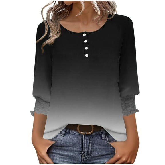 Boho Tops for Women Fall Tops 2025 Dressy for Work Cute 3/4 Sleeve Shirts Fall Black Blouses Button Up Casual