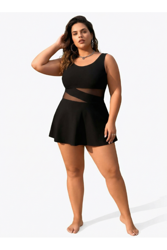 Flattering Black Mesh Detail Swimdress – Sleeveless Flowy One Piece Swimsuit – Modest Swimwear for Curvy Women, Ideal for Tropical Getaways