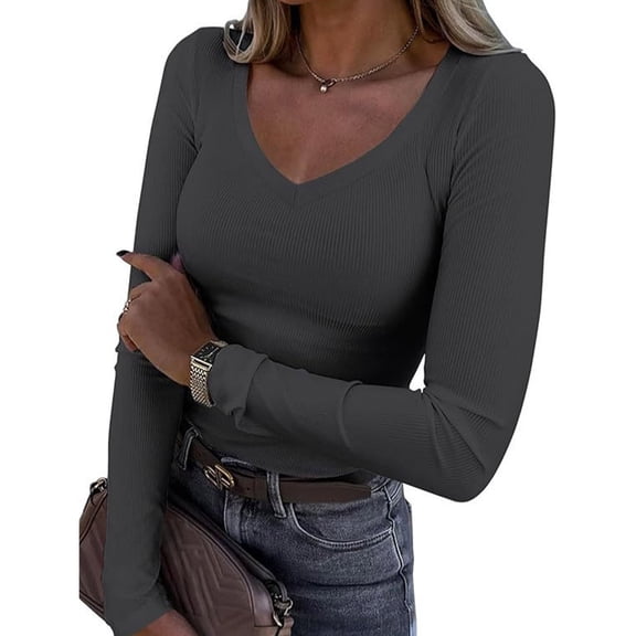 Flattering Deeply V Neck Womens Long Sleeve Shirt Airy Polyester Bodycon Silhouettes Casual Outfit Color Variety