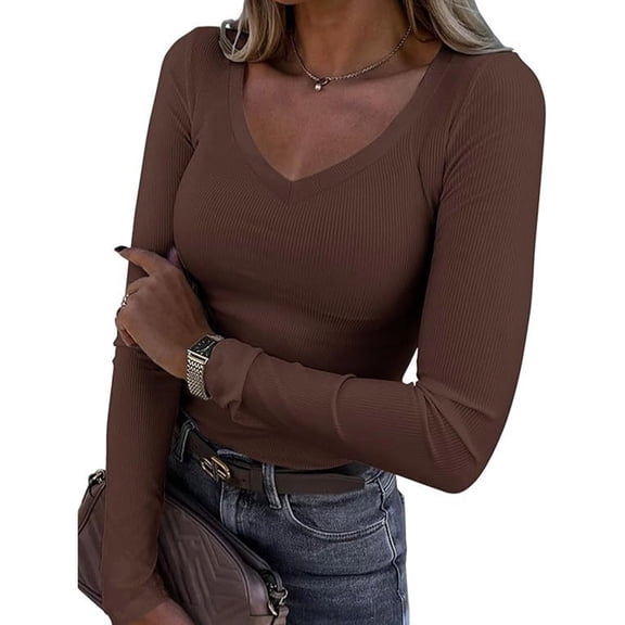 Flattering Deeply V Neck Womens Long Sleeve Shirt Airy Polyester Bodycon Silhouettes Casual Outfit Color Variety