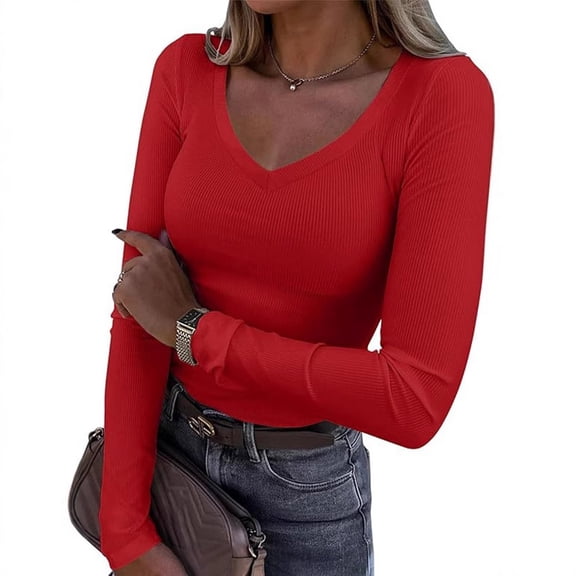 Flattering Deeply V Neck Womens Long Sleeve Shirt Airy Polyester Bodycon Silhouettes Casual Outfit Color Variety