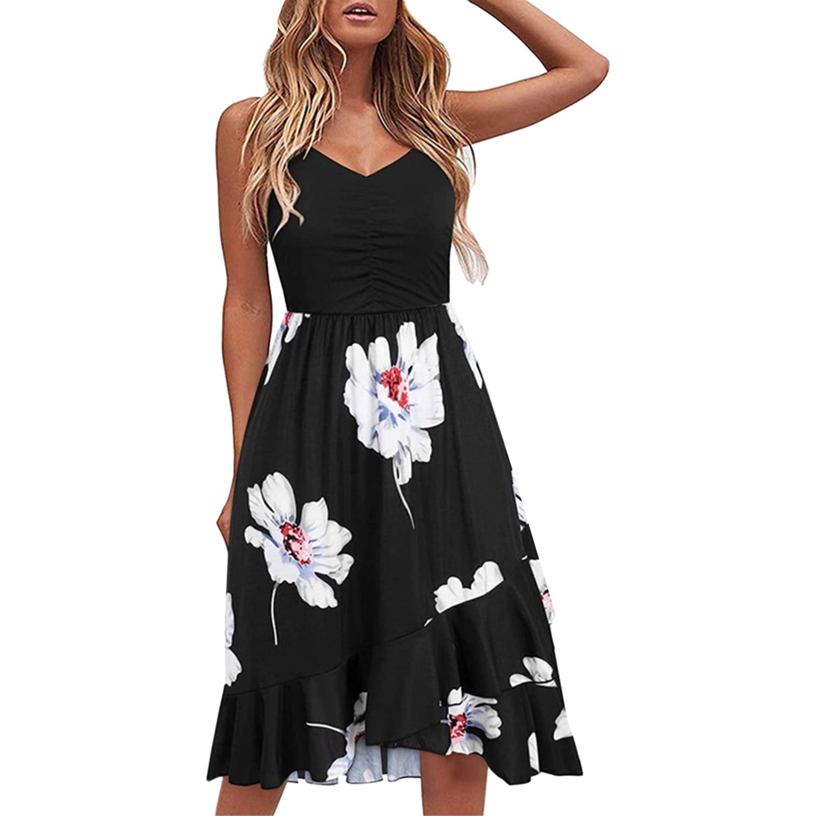 Flattering Dress to Hide Tummy Women Summer Long Dresses Sleeveless V Neck  Boho Floral Print Tie Waist High Low Maxi Dress Halter Neck Dress