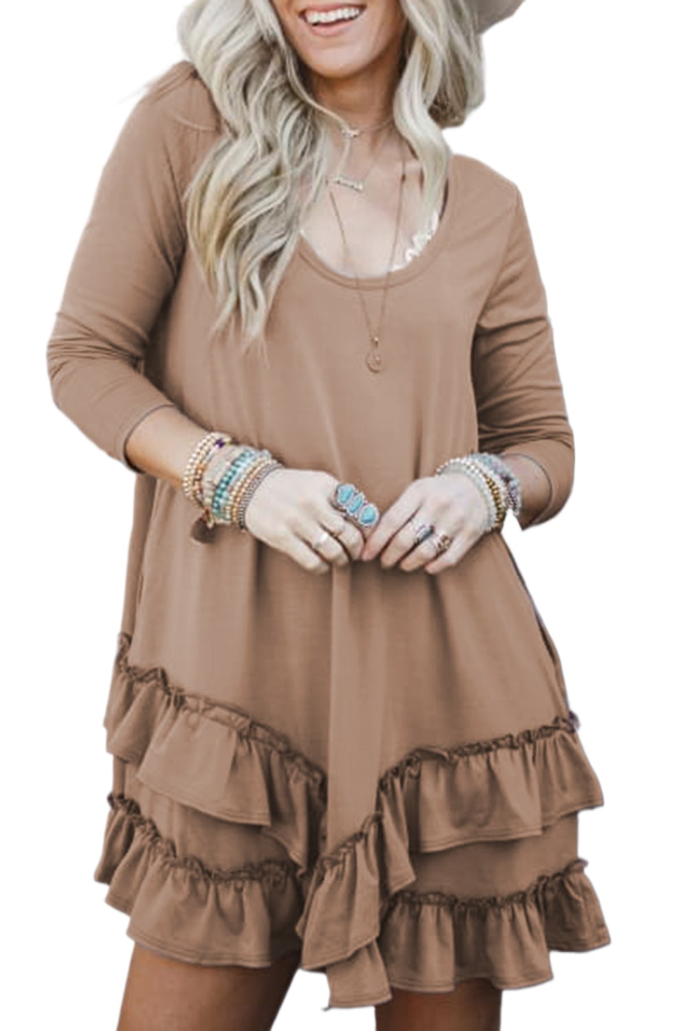 Flattering H-Line Silhouette Mini Dress with Convenient Pockets - Goat Color Scoop Neck | [ZhiHiMeRi] | (US 4-6)s, Women's, Size: (US 4-6)Small