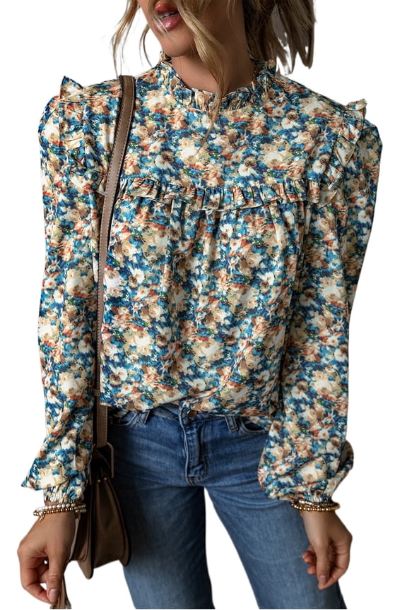 Flattering Sheath Silhouette: Sky Blue Floral Print Puff Sleeve Blouse