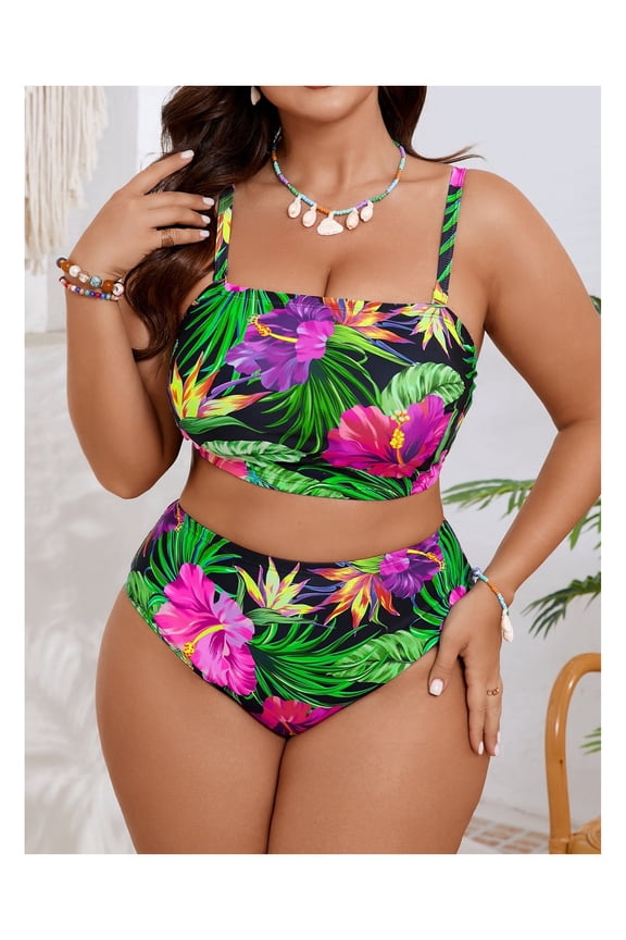 Plus Size Tropical Floral Bandeau High Waisted Bikini Set – Flattering & Vibrant Two Piece Swimsuit
