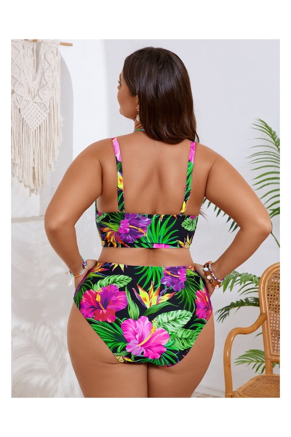 Plus Size Tropical Floral Bandeau High Waisted Bikini Set – Flattering & Vibrant Two Piece Swimsuit
