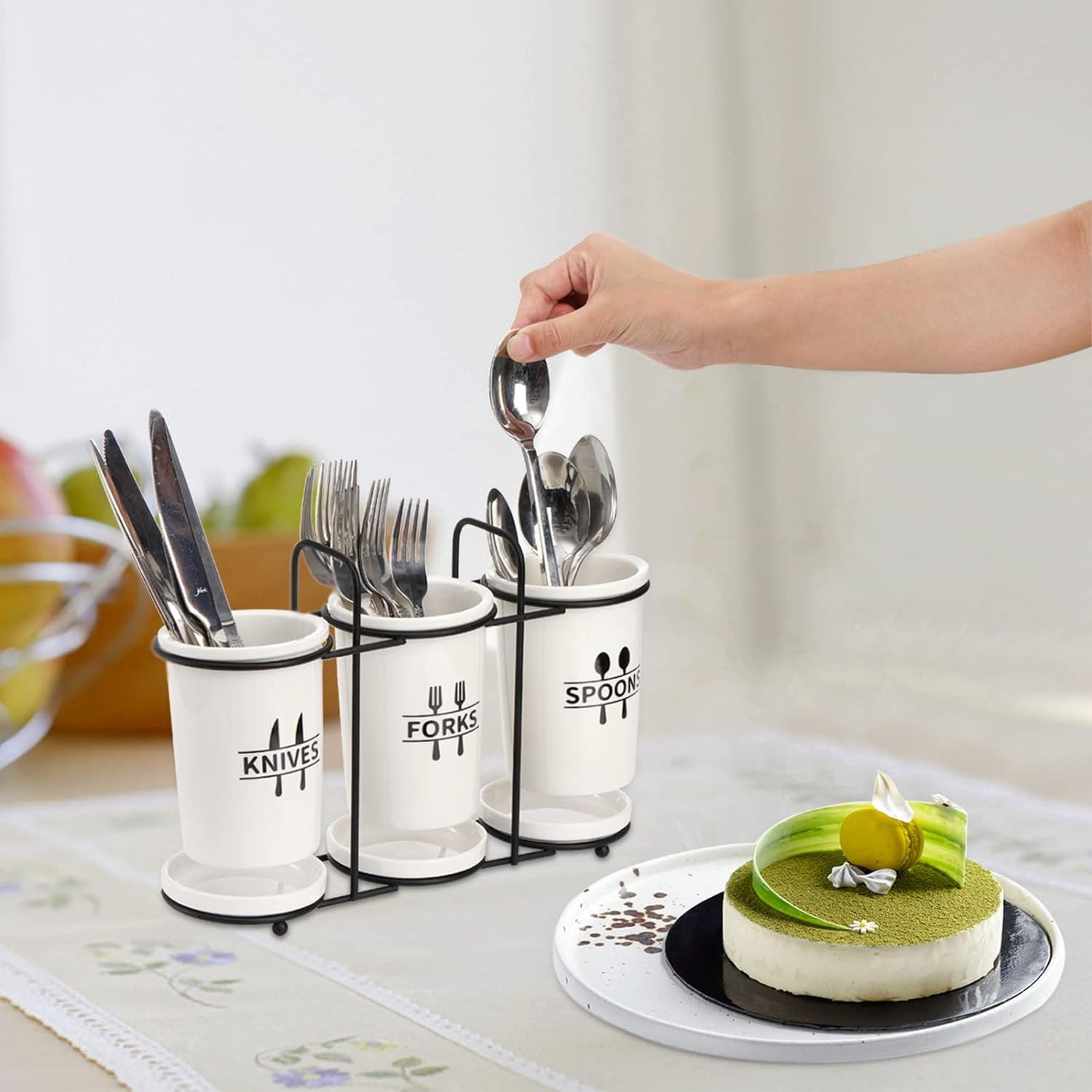 Flatware Holder, 3-Piece Silverware Utensil Holder Ceramic Flatware Caddy with Metal Rack, Flatware Caddy White Ceramic Cutlery Organizer for Forks, Spoons, Knives$$Home Decor, Kitchen, & Other