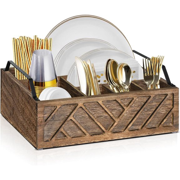 Flatware Organizers Paper Plate Dispenser with Handles, Paper Plate Holder for Kitchen Counter, Wood Rustic Silverware Utensil Caddy, Brown