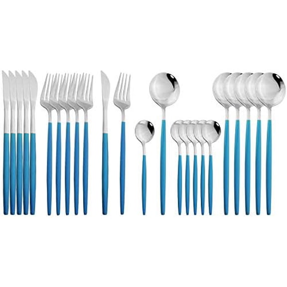 Flatware Serving Set 24 Piece, Stainless Steel Silverware Set, Blue Silver Cutlery Set, Modern Elegant Tableware Set for Party, Christmas, Dinner (Blue Silver)