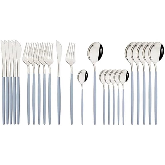 Flatware Set 24 Piece, Stainless Steel Silverware Set, Macaron Small Fresh Color Cutlery Set, Modern Elegant Tableware Set for Party, Christmas, Dinner (Haze Blue Silver)