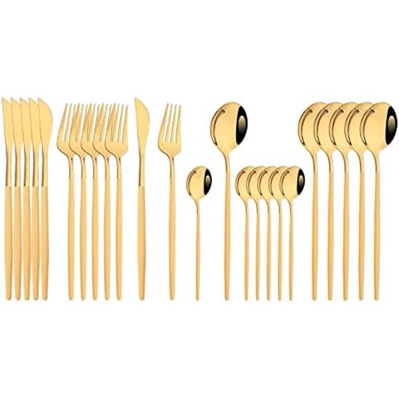 Flatware Set 24 Piece, Stainless Steel Silverware Set, Macaron Small Fresh Color Cutlery Set, Modern Elegant Tableware Set for Party, Christmas, Dinner (Yellow Gold)