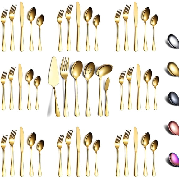 Flatware Set 46 Piece, Stainless Steel With Titanium Gold Plated Flatware Set 45 Pieces Add 1 Pie Sever, Golden Flatware Set, Silverware, Cutlery Set Service For 8 (Shiny Gold)
