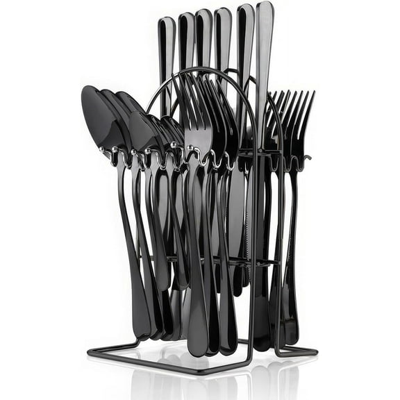Flatware Set Rack,24 Piece Gilded Silverware Set with stand,Hanging Stainless Steel Utensils Set Service for 6,Eating Tableware Set Include Fork Knife Spoon Holder Set,Dishwasher Safe (Black)