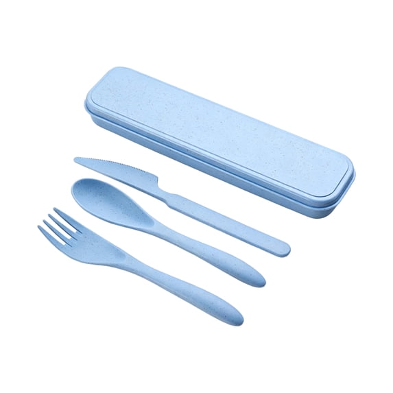 Flatware Set, Reusable Utensils Set with Case, Travel Cutlery Set, Fork and Spoon Set, Light Blue Wheat Straw 3-Piece Travel Utensil Kit with Model, Fork, Spoon and Matching