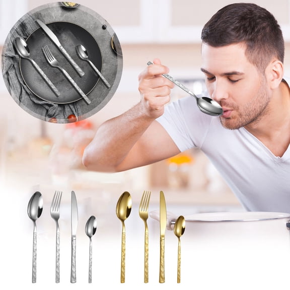 Flatware Set Stone Handle - Stainless Steel Western Tableware, Gold or Silver Finish, Four-Piece Knife Fork Spoon, Elegant Dining Gift