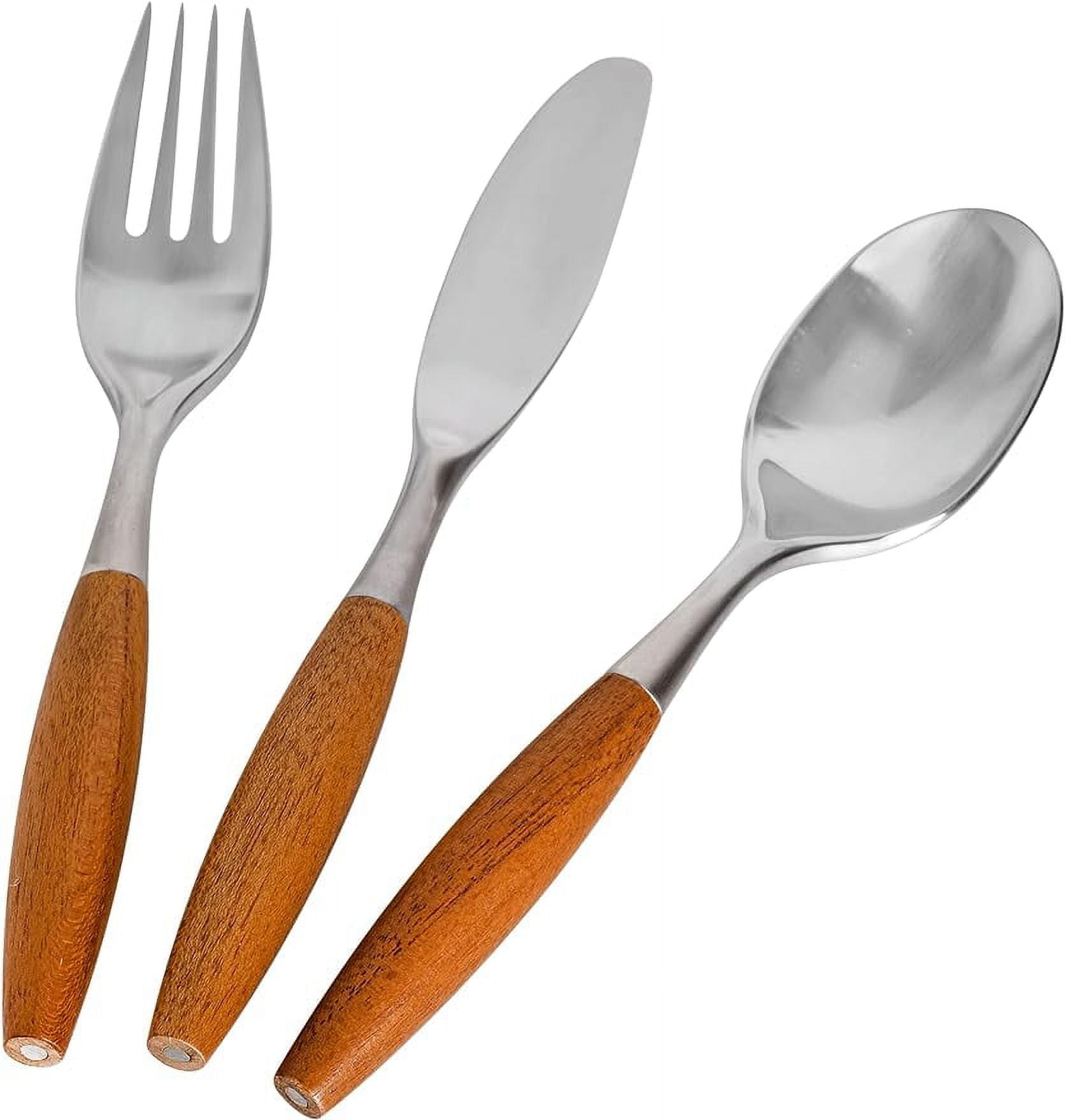 Flatware Silverware Cutlery Set, Stainless Steel, Teak Wood Dining Utensils, Eating Dinnerware