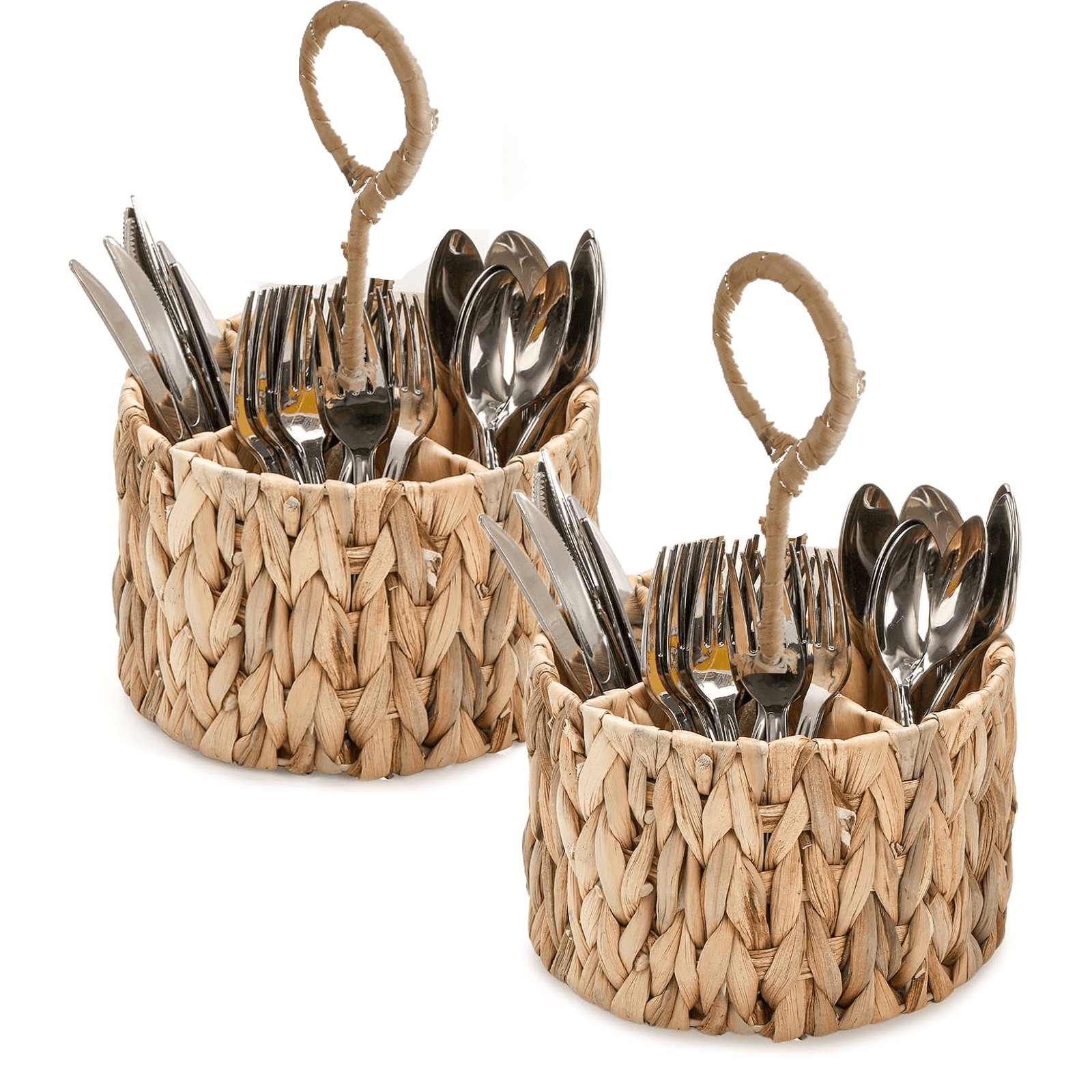 Flatware Storage Basket Utensil Caddy Hand Woven Divided Cutlery Holder Kitchen Utensil Organizer Water Hyacinth Cutlery Organizer with Handle for Countertop Party (Round) - Walmart.com