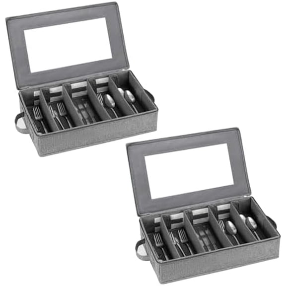 Flatware Storage Box 2 Pack, Silverware Storage Box Case Chest with Adjustable Dividers, Silverware Holder with Zipper Lid for Organizing Cutlery, Utensil, Flatware, Knives, Large Capacity Gray