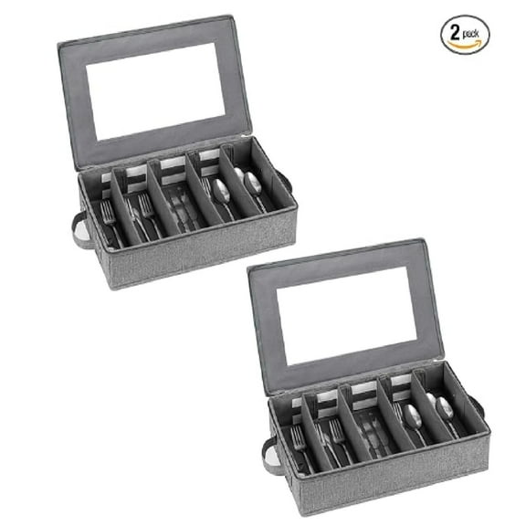 Flatware Storage Box 2 Pack, Silverware Storage Box Case Chest with Adjustable Dividers, Silverware Holder with Zipper Lid for Organizing Cutlery, Utensil, Flatware, Knives, Large Capacity Gray
