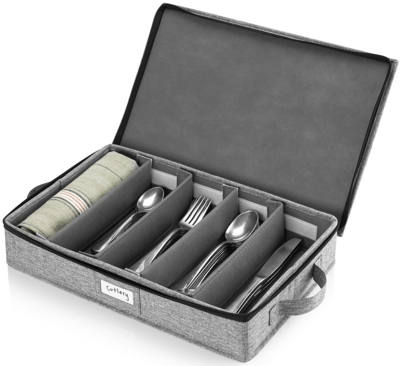 Flatware Storage Case with 5 Adjustable Compartments and Removable Lid - Tableware Utensil Chest with Carrying Handles and Padded Dividers - Protects and Organizes Cutlery and Silverware