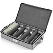 Flatware Storage Case with 5 Adjustable Compartments and Removable Lid - Tableware Utensil Chest with Carrying Handles and Padded Dividers - Protects and Organizes Cutlery and Silverware