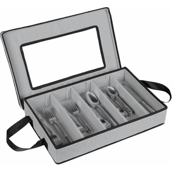 Flatware Storage Case - Durable 5 Compartment Silverware Storage Container Box with Removable Lid and Easy to Carry Handles - Large Capacity Keeps Your Cutlery Organized & Protected - Gray