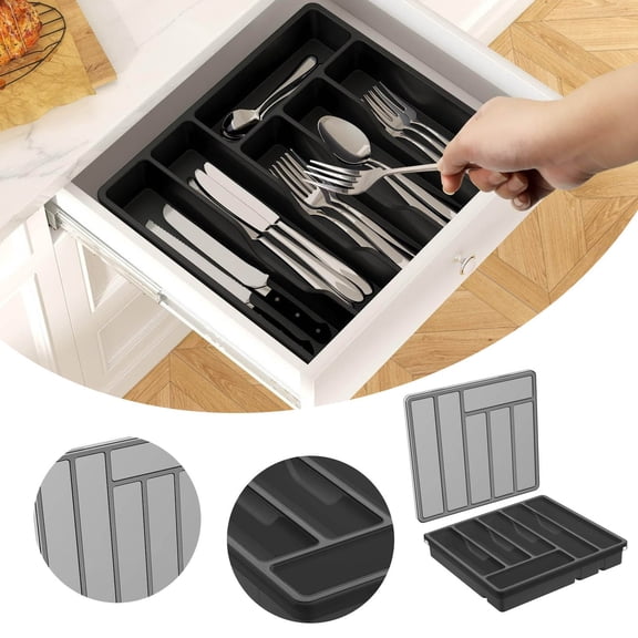 Flatware Storage Organizer Covered Silverware Tray, 6 Compartment Holder For Spoons Forks, Durable Kitchen Cutlery Box | Organizer Case For Drawer Tabletop Storage And Display