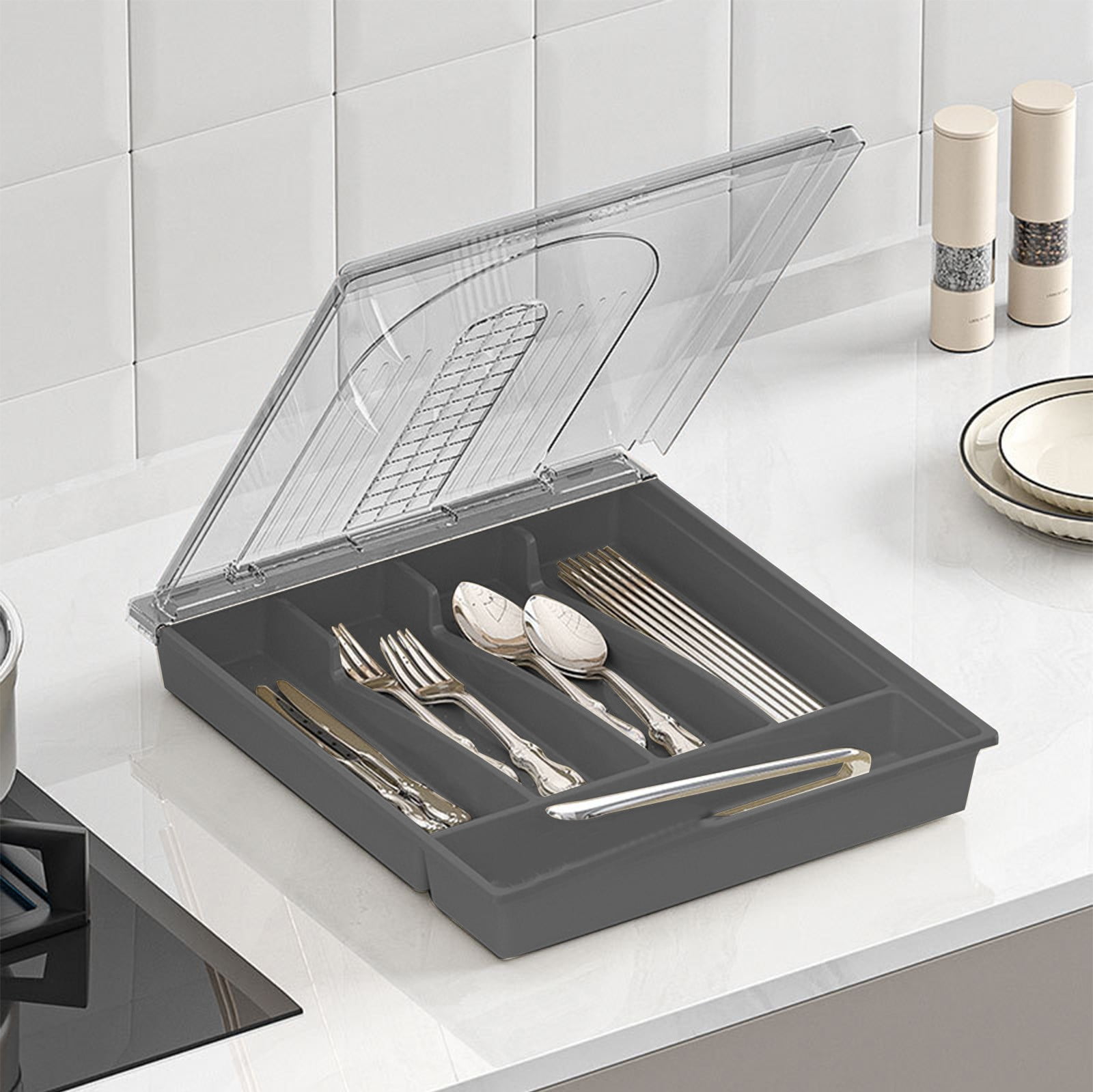 Flatware Storage Tray with Lid,11x13Inch Kitchen Drawer Organizer Tray with 5 Compartments,Storage Holders for Countertop,Multi Functional and Space Saving,Suitable for Holding Cutlery