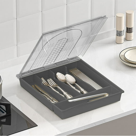 Flatware Storage Tray with Lid,11x13Inch Kitchen Drawer Organizer Tray with 5 Compartments,Storage Holders for Countertop,Multi Functional and Space Saving,Suitable for Holding Cutlery