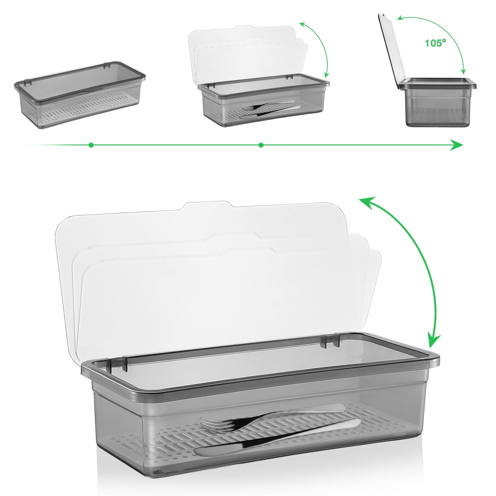 Flatware Tray Kitchen Drawer Organizer with Lid and Drainer, Plastic